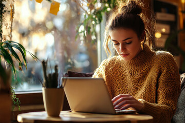 woman in cafe. Generative AI.
