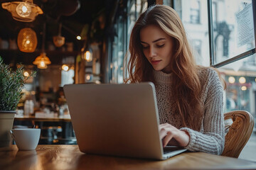 woman in cafe. Generative AI.