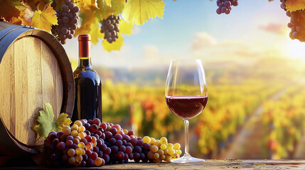 A glass of wine with a bottle of wine and a bunch of grapes stand on an oak barrel, under hanging ripe bunches of grapes against a background of beautiful vineyards and a blue sunny sky