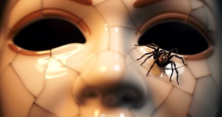 A creepy black spider crawls across a cracked white porcelain mask with empty eye sockets. - Powered by Adobe