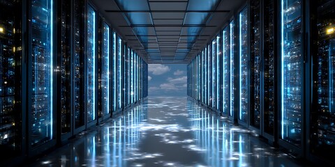 glowing servers in a futuristic data center high tech network infrastructure digital innovation.