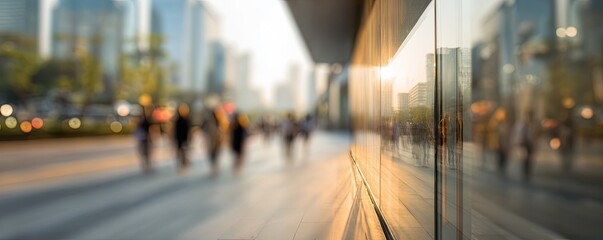 Obraz premium Blurred city street scene with pedestrians and modern architecture