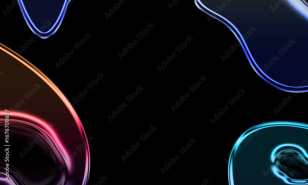 Poster abstract background of colorful glowing liquid chrome shapes, creating a vibrant frame with copy spa