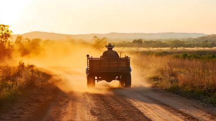 Fototapeta premium A person drives a vehicle down a dusty road at sunset.