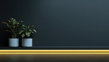 Minimalist interior scene with two potted plants and a glowing baseboard
