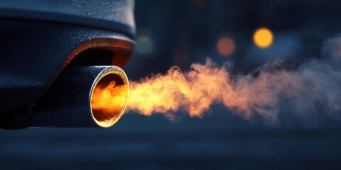 High-quality stock image of car exhaust pipe with visible CO2 smoke billowing out. Carbon emissions and global warming. Environmental problem with diesel and fossil fuels burning.