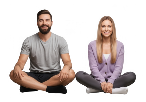 Happy couple sitting together smiling isolated on transparent background