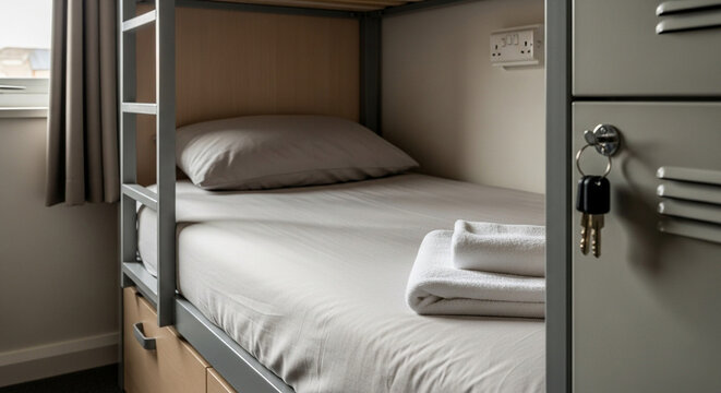 A tidy hostel dorm room featuring a bunk bed with fresh linens and a set of keys hanging from a locker - Powered by Adobe