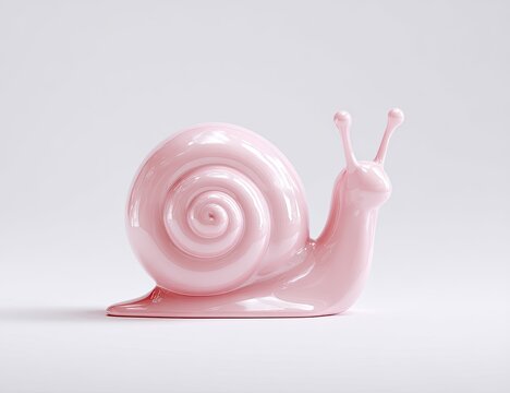 A smooth, glossy, light pink snail figurine sits on a plain white background - Powered by Adobe
