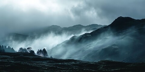 misty grey mountain landscape.