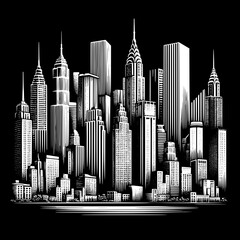 Fototapeta premium Black and White Vector Silhouette T-Shirt Design of a City Skyline