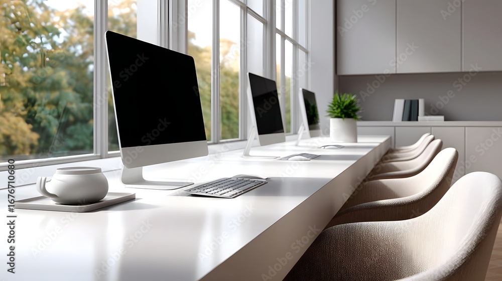 Poster minimalist and organized office environment featuring multiple workstations with desktop computers, 