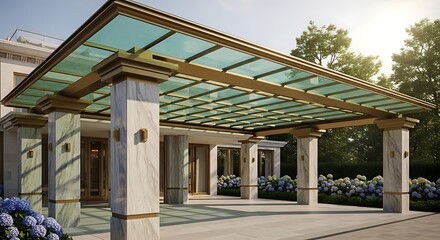 Elegant Glass Canopy Entrance with Stone Pillars.