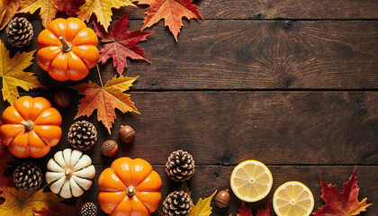 Autumn Pumpkins, Pine Cones, and Leaves on a Wooden Background