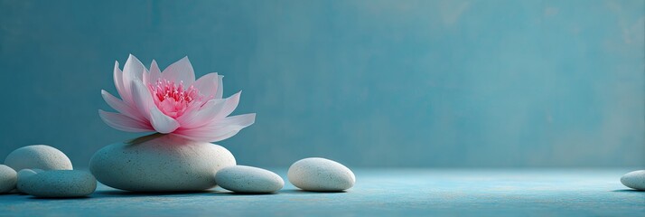 Soft pink lotus flower rests atop smooth white stones against a calming teal background