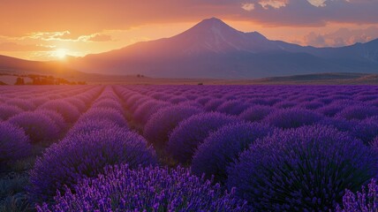 Lavender fields under a glowing sunrise