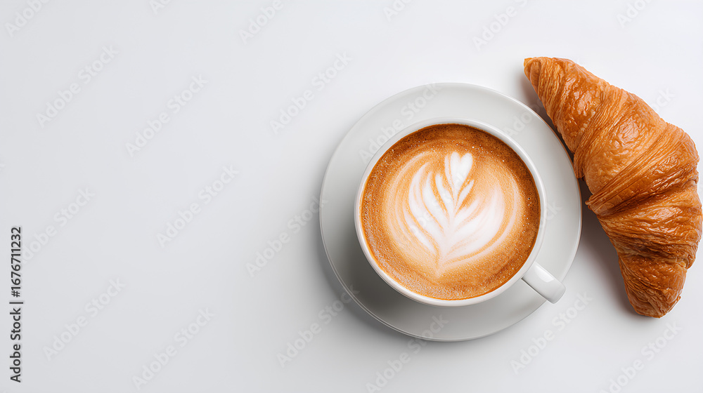 Poster template of latte and croissant on white background with empty space for text or logo, minimal and m