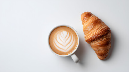 Template of latte and croissant on white background with empty space for text or logo, minimal and modern layout