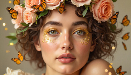 Enchanting flower fairy with a magical aura wearing a wreath of roses against a dark studio background