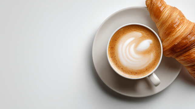 Template of latte and croissant on white background with empty space for text or logo, minimal and modern layout