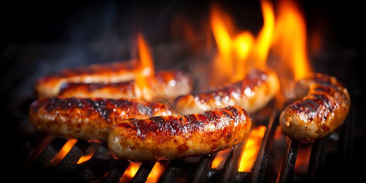 sausage merguez on a barbecue grill sausage on a bbq summer party roasted meat chicken pork lamb spicy meat flames traditional barbecue american food grilled meat grill.