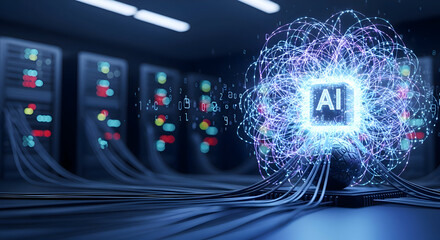 Artificial intelligence chip connected by glowing lines in a server room environment setting scene