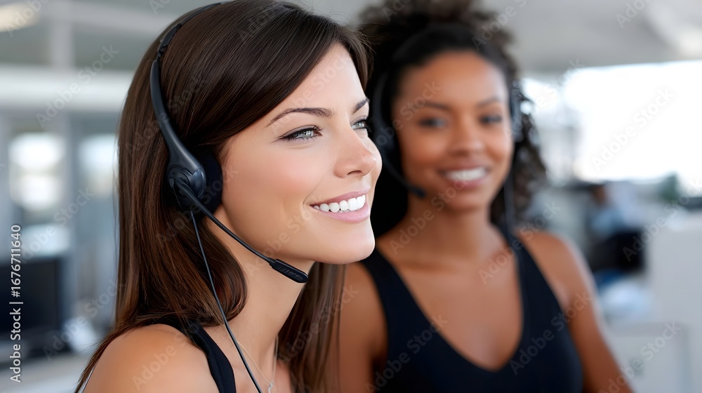 Poster two friendly and attentive customer service representatives wearing headsets and smiling while worki