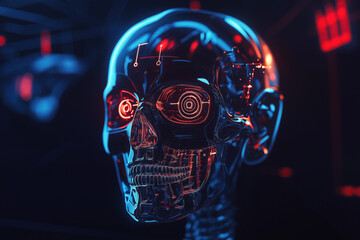 Obraz premium Glowing cybernetic skull with red neon circuits