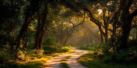 sunlit pathway through verdant forest canopy golden hour illumination on winding road.