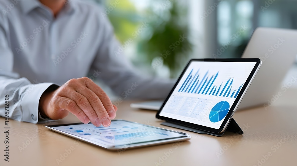 Poster a business professional analyzing financial data and charts on a laptop and tablet device at their d