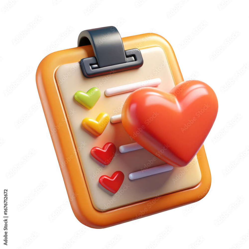 Poster 3d heart checklist with clipboard isolated on transparent background