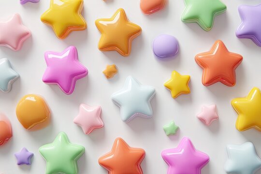 Bright, glossy, colorful stars and circles,  a playful pattern of  pastel hues on a white background - Powered by Adobe