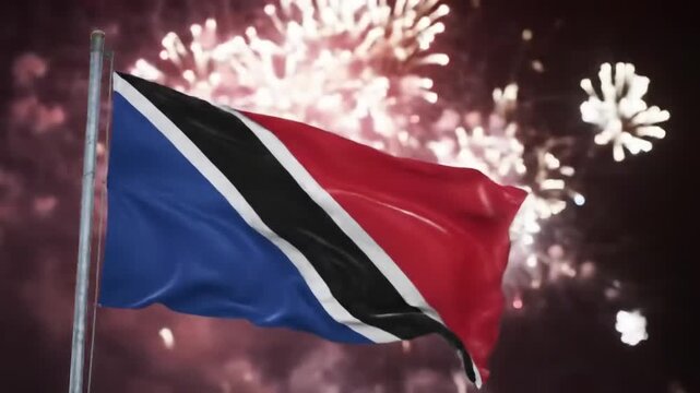 A waving national flag of Grenada against a vibrant backdrop of celebratory fireworks.