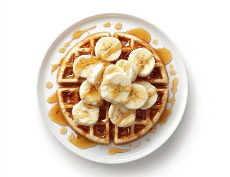 Waffle topped with sliced bananas and honey syrup, presented on a white plate