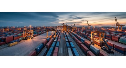Aerial drone shot of freight train weaving through massive logistics terminal, rows of containers aligned like patterns