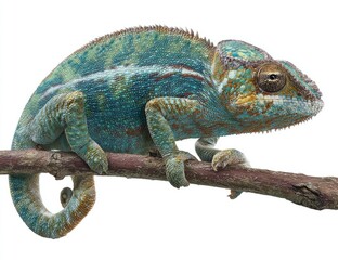 Obraz premium Colorful chameleon on branch, profile view