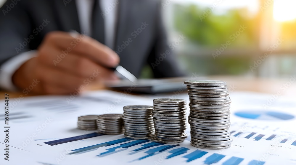 Poster a business professional analyzing financial data and investment strategies with stacks of coins and 