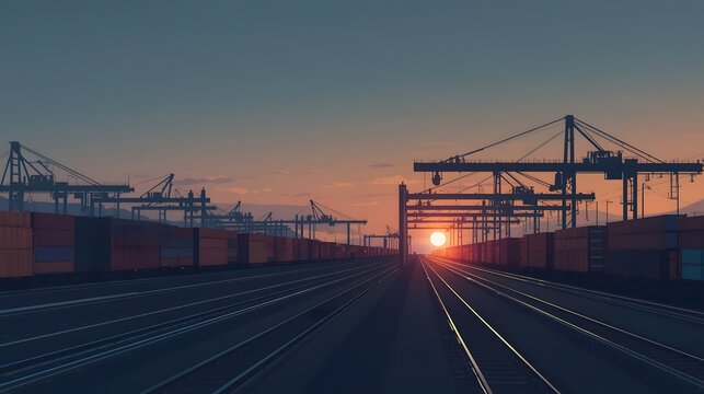 Long industrial freight train loaded with colorful shipping containers, moving through a logistics hub at sunset, wide-angle perspective, photorealistic detail, dynamic clouds above