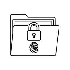 Secure Digital File: A minimalist, high-contrast illustration of a secured digital file, rendered in sleek lines and featuring a padlock and fingerprint, symbolizing data security.