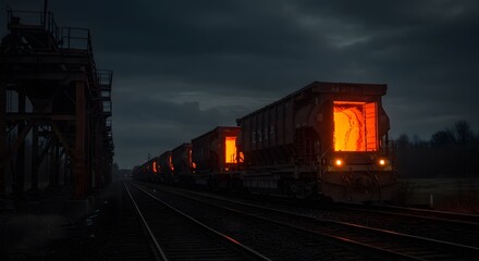 Obraz premium Freight train transporting molten metal containers, glowing orange light from vents, dramatic industrial background