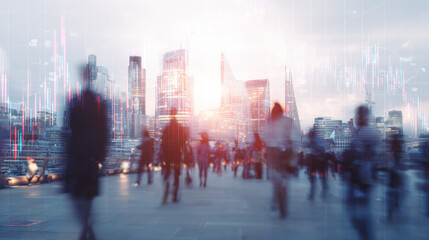 A city skyline with people moving, symbolizing the dynamic nature of the labor market and economic forces.