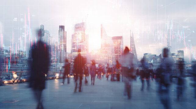 A city skyline with people moving, symbolizing the dynamic nature of the labor market and economic forces.
