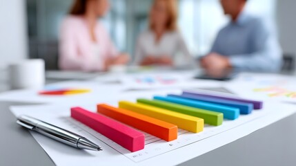A group of business professionals working together during a meeting, discussing strategy and ideas while using colorful stationery and documents on the desk.