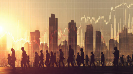 A city skyline with people moving, symbolizing the dynamic nature of the labor market and economic forces.