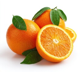 Fresh oranges, whole and sliced, with vibrant color and green leaves