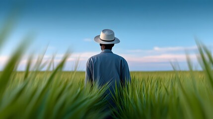 A person wearing a hat stands in a vast, lush green field, taking in the tranquil scenery of the open countryside.