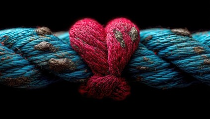 Close-up of a vibrant crimson knot tied in a weathered turquoise rope