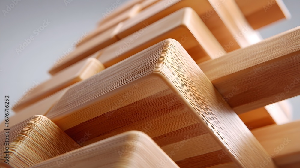Poster a close-up view of a stack of wooden beams or planks arranged in an abstract, geometric pattern, cre