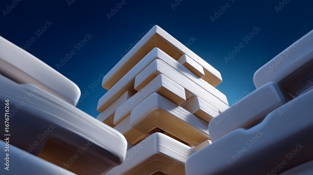 Poster a striking, minimalist architectural tower composed of stacked geometric shapes and angular lines, c