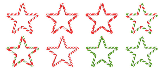 Obraz premium Christmas candy cane stripe border set. Red and green star frames for holiday cards, banners, and winter design.